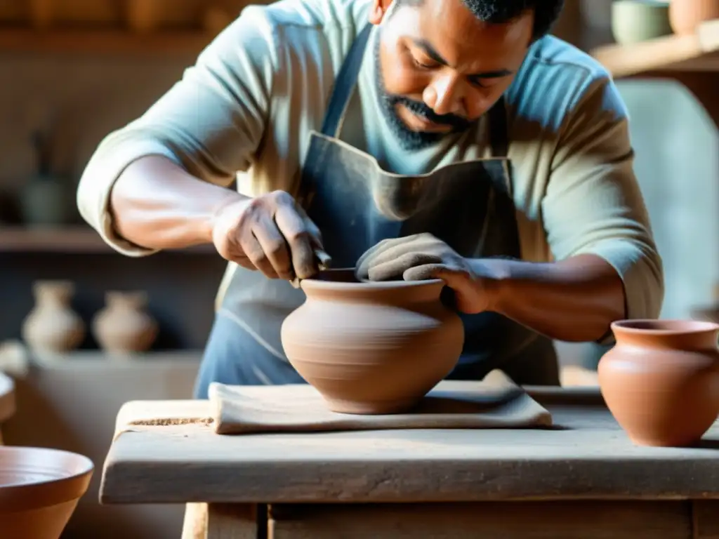 Artesano crea cerámica con economía circular y materiales reciclados en taller rústico, resaltando la artesanía tradicional