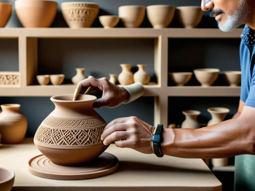 Artesano modelando cerámica junto a arte 3D Un artesano moldea cerámica frente a estantes llenos de arte 3D vintage, fusionando tradición con impresión 3D para artesanía personalizada
