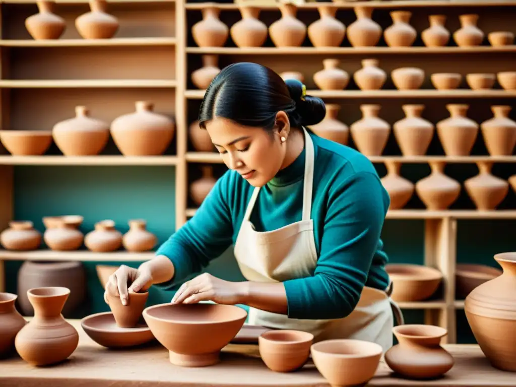 Un artesano crea cerámica entre herramientas digitales en un mercado vintage, fusionando tradición y estrategias digitales para artesanías tradicionales