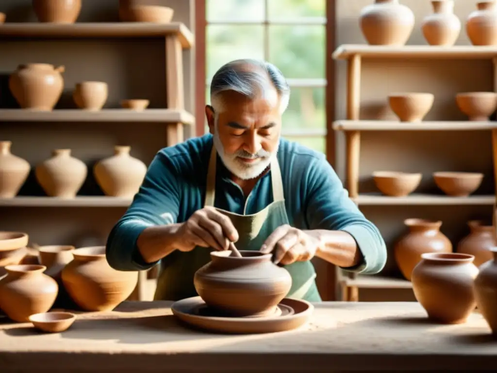 Artesano crea cerámica con herramientas tradicionales, rodeado de piezas de cerámica