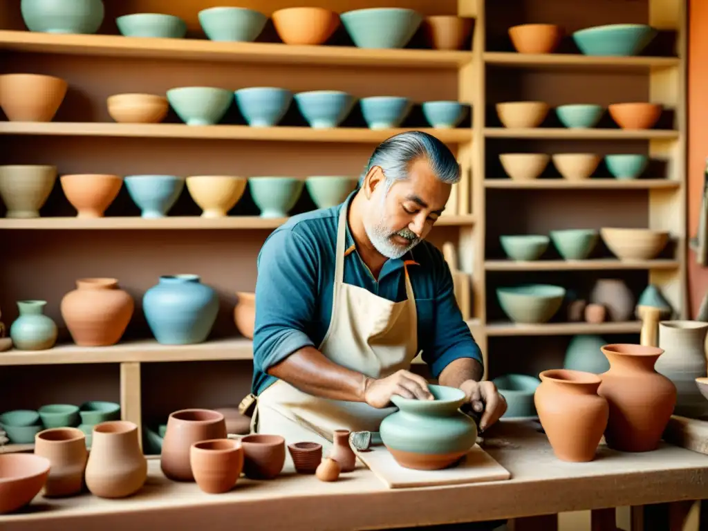 Un artesano hábil crea cerámica a mano en un taller nostálgico