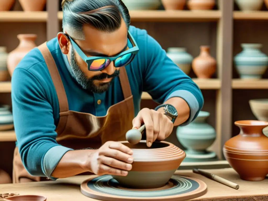 Un artesano crea cerámica a mano en un taller rústico, con elementos de realidad aumentada