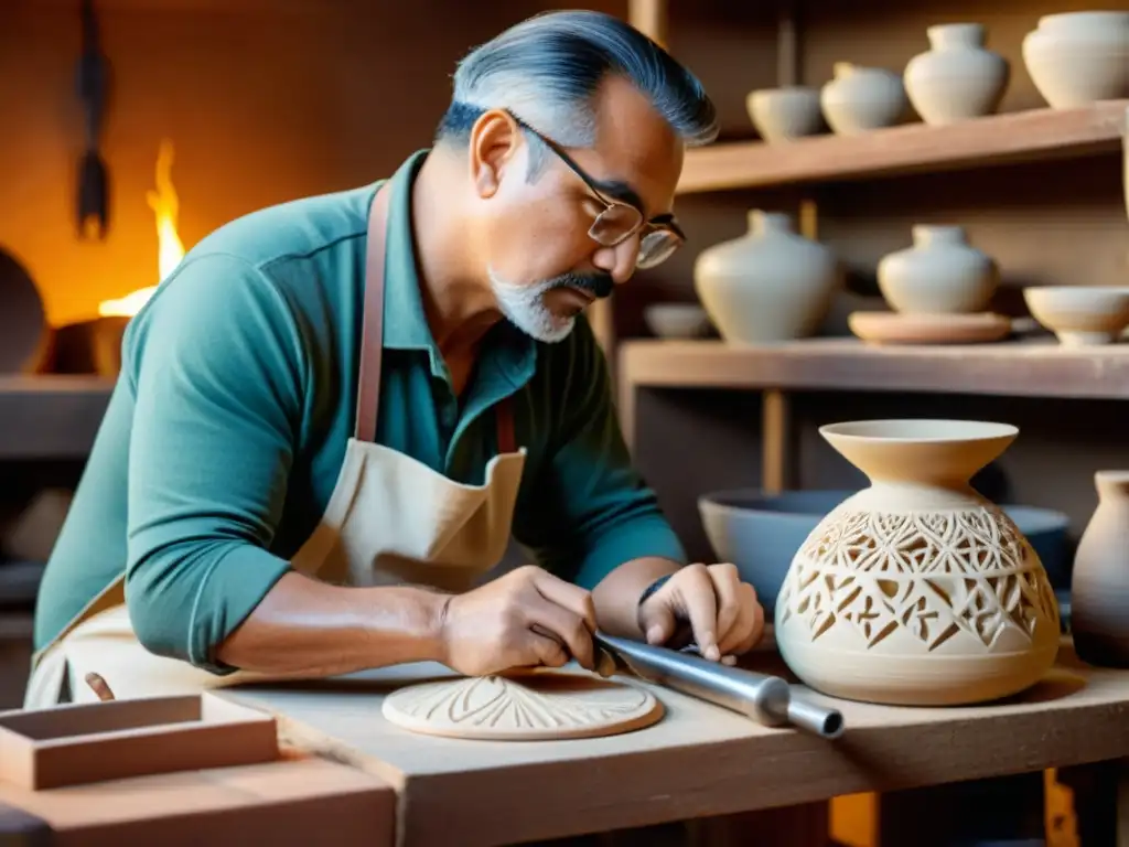 Un artesano de cerámica personalizada esculpe una pieza rodeado de herramientas antiguas y materiales naturales, con diseños digitales en el fondo