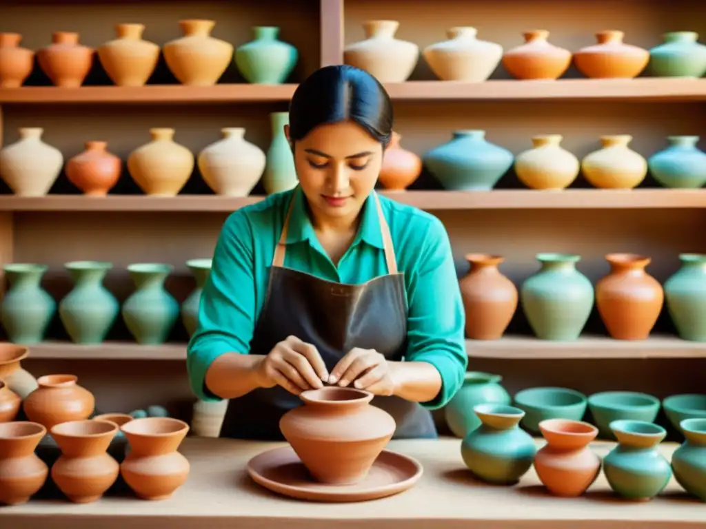 Un artesano trabaja en cerámica rodeado de artesanías coloridas, evocando una atmósfera nostálgica y cultural