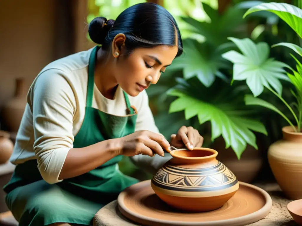 Un artesano elaborando cerámica rodeado de exuberante vegetación, evocando nostalgia y artesanía sostenible en la era digital