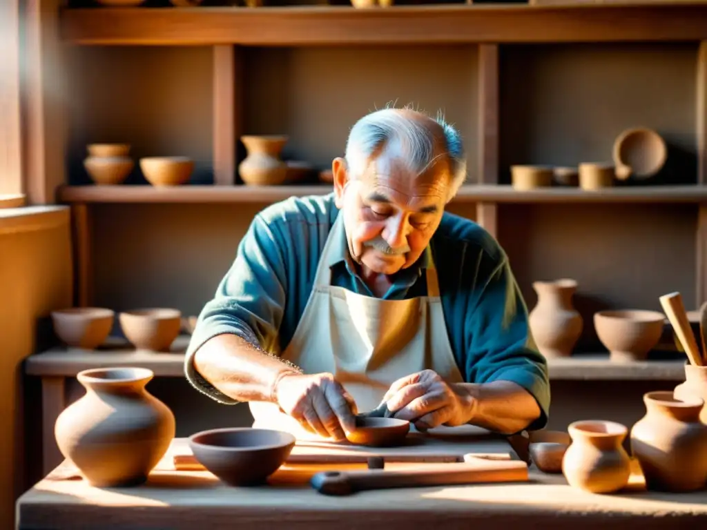 Artesano elaborando cerámica rodeado de herramientas vintage en un taller iluminado por la cálida luz del sol