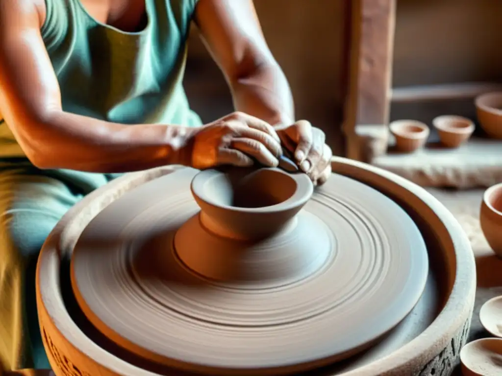 Artesano creando cerámica en rueda de madera con luz natural cálida