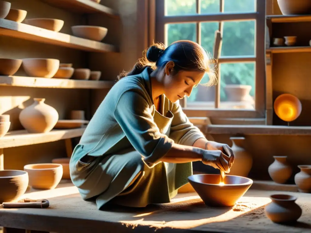 Un artesano crea cerámica en su taller, con luz cálida y herramientas antiguas, evocando la artesanía tradicional en la era digital