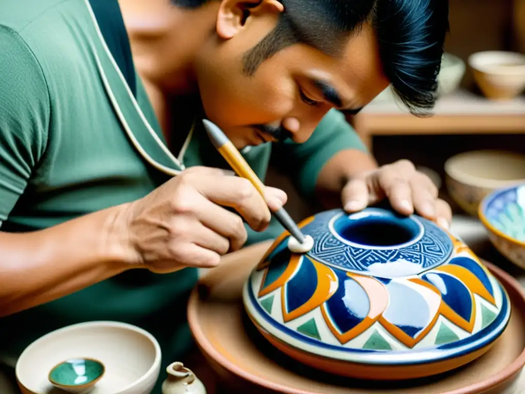 Artesano restaurando cerámica con técnicas tradicionales, rodeado de piezas coloridas y detalladas en una atmósfera cálida y dedicada