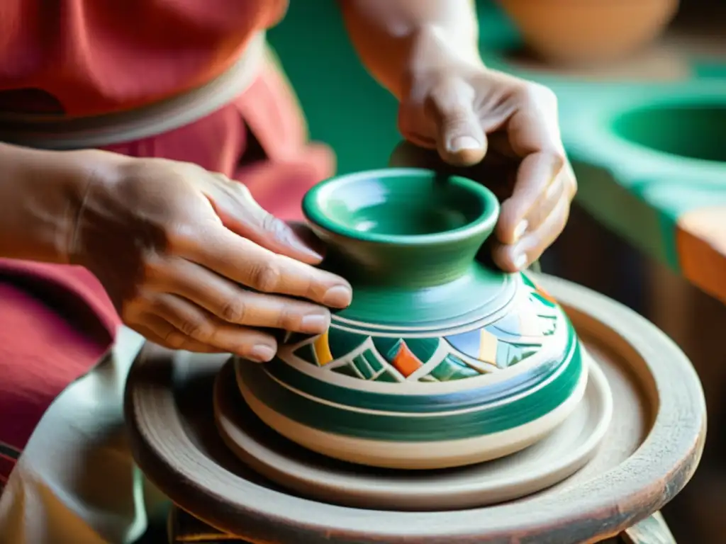 Un artesano moldea cerámica en un torno de madera, destacando la fusión de tradición y diseño moderno