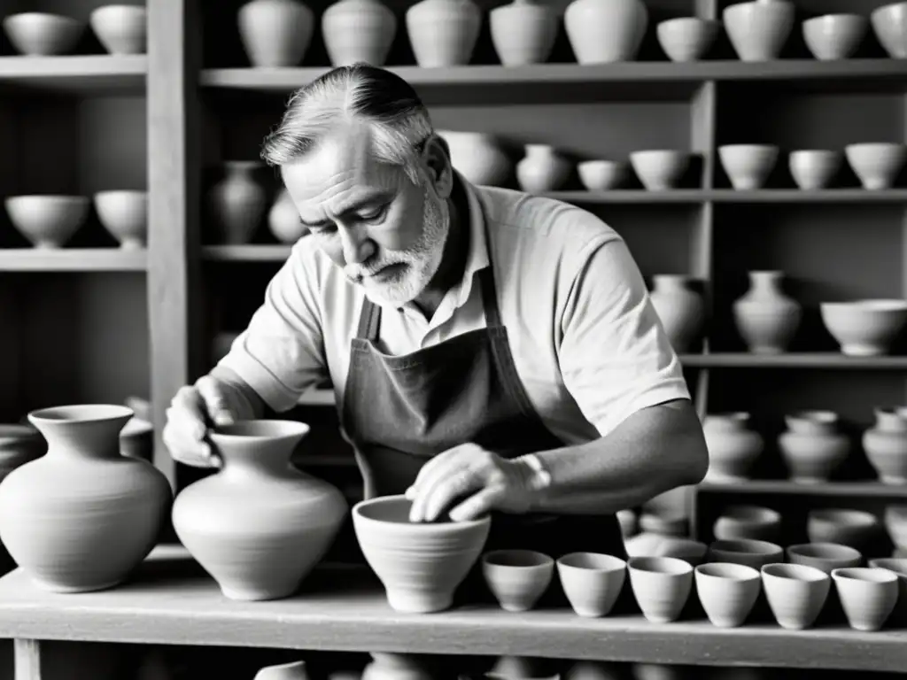 Un artesano crea cerámica tradicional entre estantes llenos de piezas elaboradas