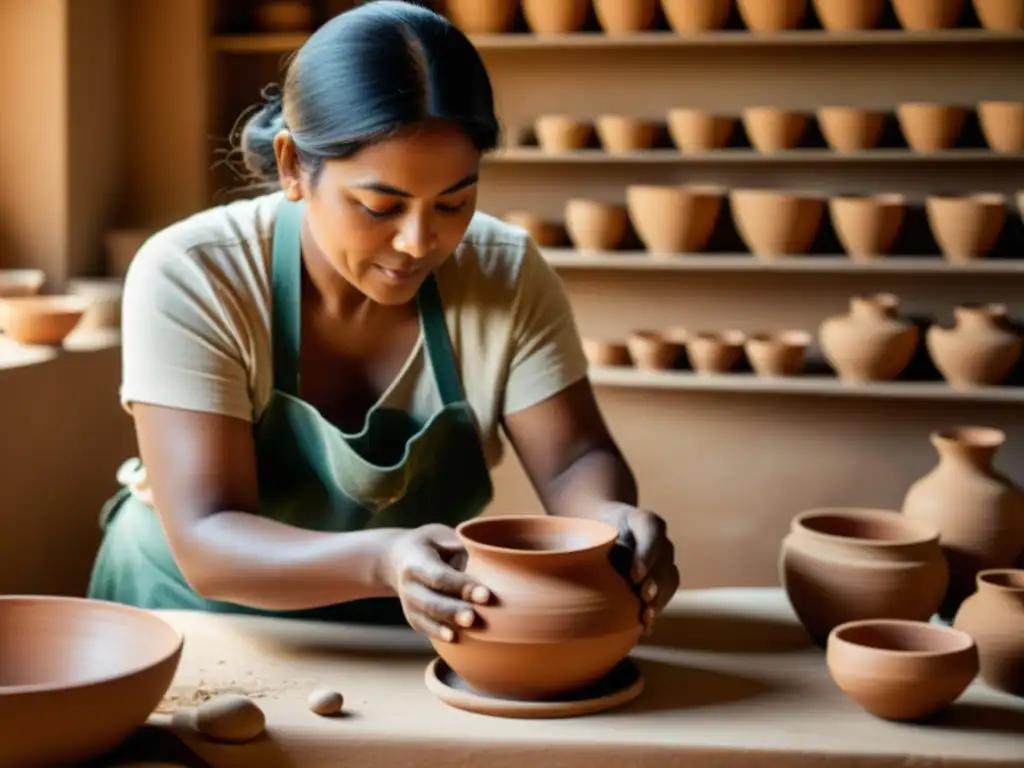 Un artesano crea cerámica tradicional con métodos sostenibles, rodeado de materiales naturales en un estudio iluminado por el sol