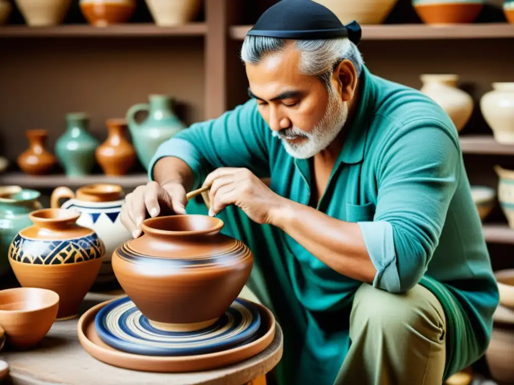 Un artesano crea cerámica tradicional rodeado de coloridas piezas pintadas a mano