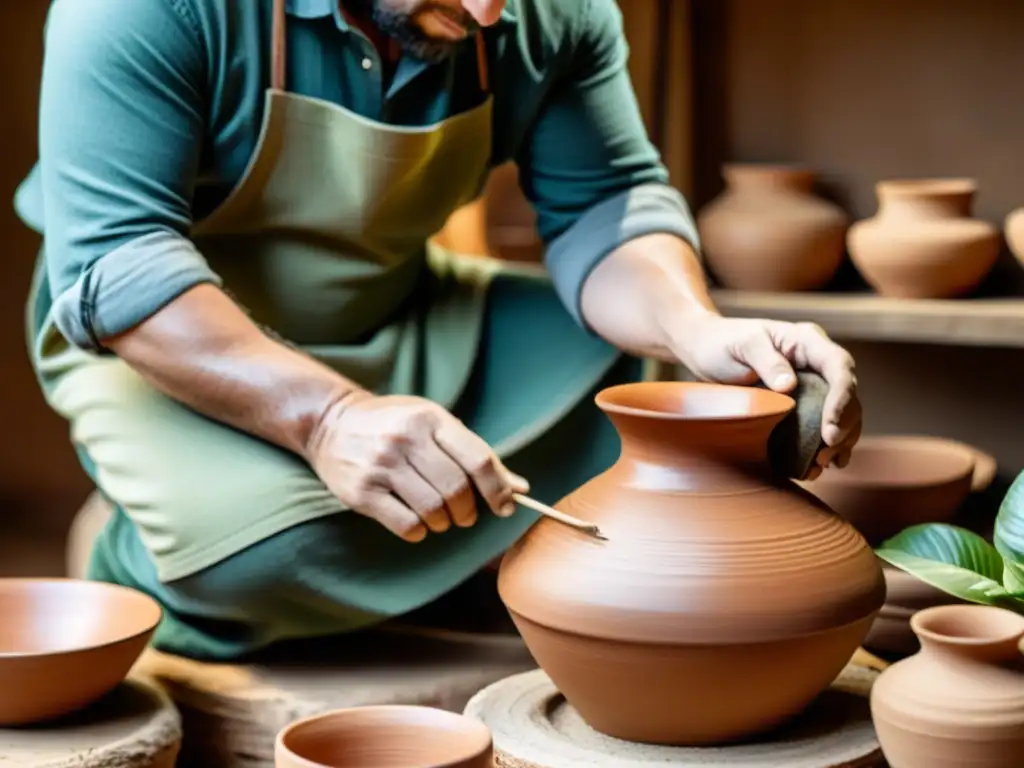 Un artesano cuidadosamente elabora cerámica tradicional rodeado de materiales naturales