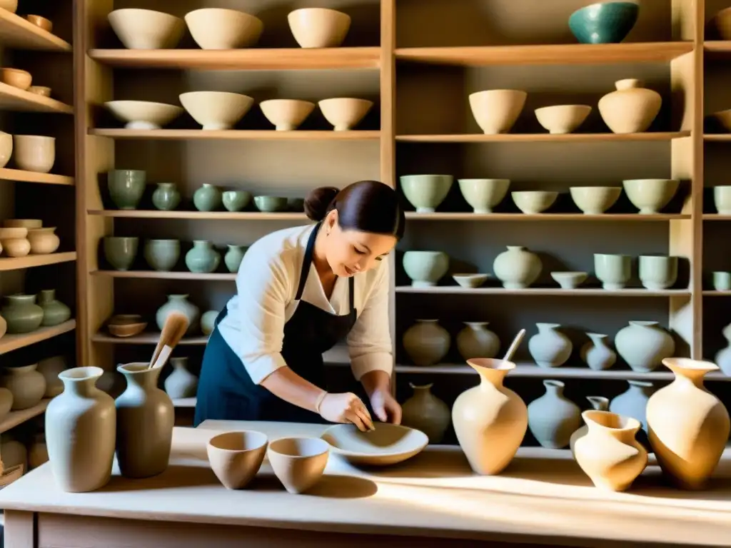 Un artesano ceramista pintando delicadamente piezas de cerámica rodeado de una tienda llena de artículos artesanales en tonos terrosos