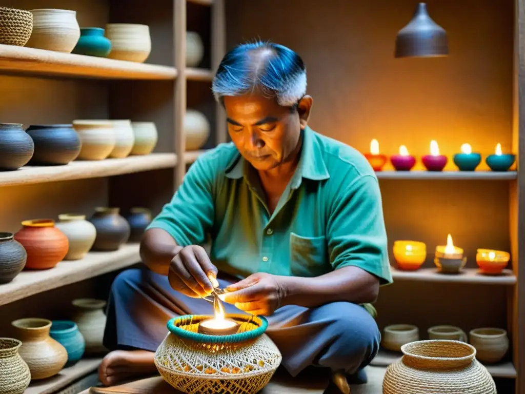 Artesano tejiendo una cesta en taller iluminado por lámpara vintage, destacando diversificación habilidades comunidades artesanales