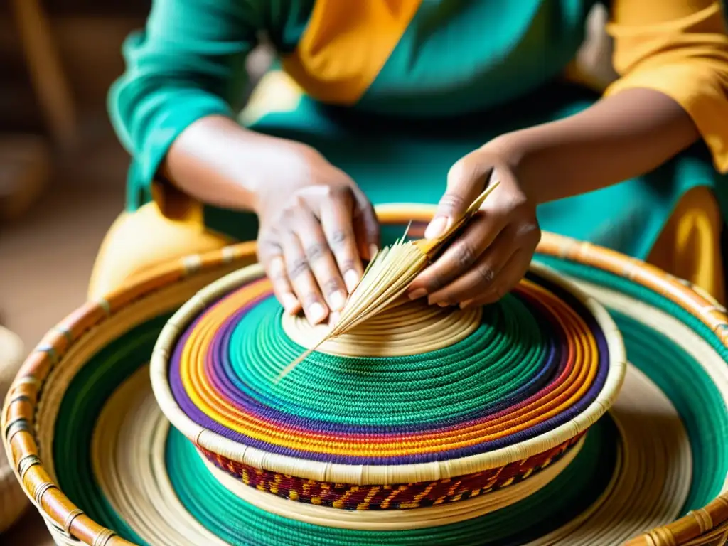 Artesano tejiendo cestas tradicionales, rodeado de colores vibrantes y conexiones culturales artesanía tradicional