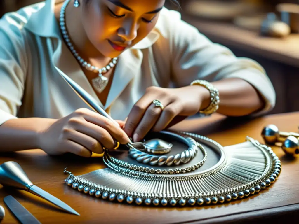 Un artesano hábil crea un collar de plata tradicional, rodeado de herramientas vintage, en una atmósfera nostálgica y atemporal