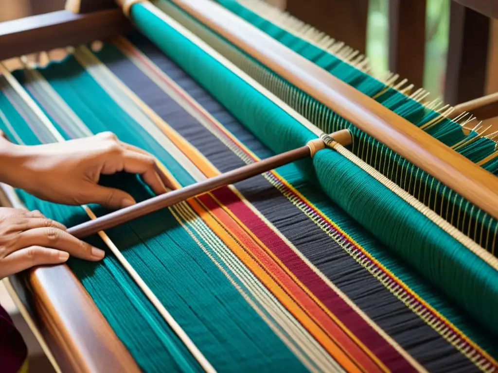 Un artesano guía hilos de colores en un telar de madera, creando una tela vibrante