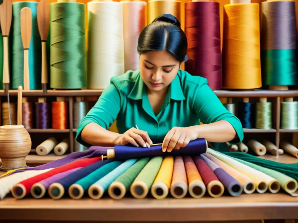 Artesano trabajando en una colorida y detallada pieza de arte textil, rodeado de hilos y herramientas de tejido