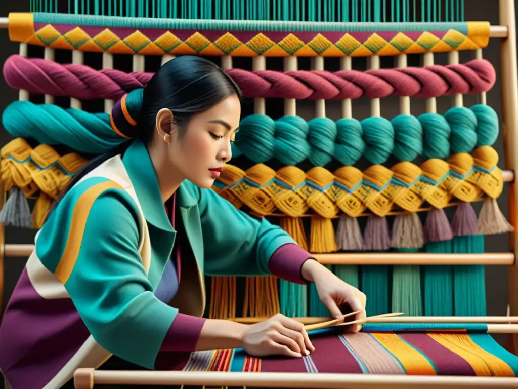 Artesanía ancestral y tecnología moderna: tapiz 3D Artesano tejiendo una colorida y detallada tapicería, fusionando tradición y animación 3D con gran destreza y creatividad