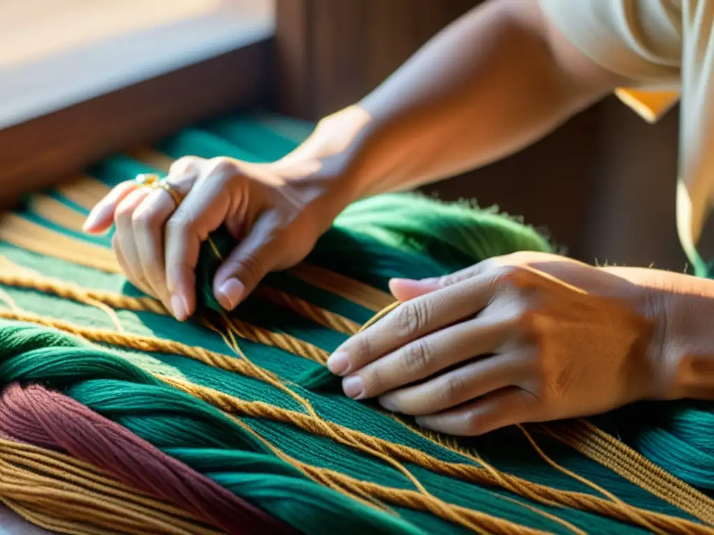 Artesano tejiendo una colorida tela con hilos, destreza y tradición de la economía circular artesanía comunidad