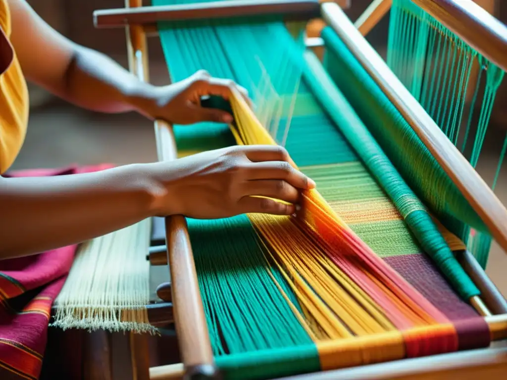 Un artesano teje una colorida tela en telar de madera, fusionando tradición con tecnología