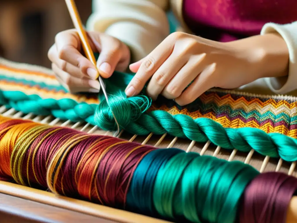 Artesano tejiendo una colorida pieza textil a mano, resaltando la artesanía y la herencia cultural en el mercado digital de ecommerce artesanías