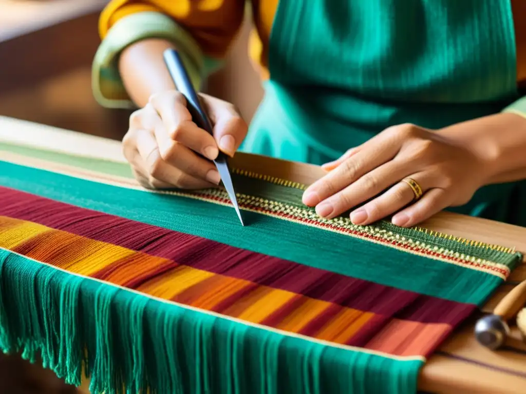 Artesano tejiendo una colorida tela con técnicas tradicionales, destacando la fusión de artesanía y creación de productos hechos a mano