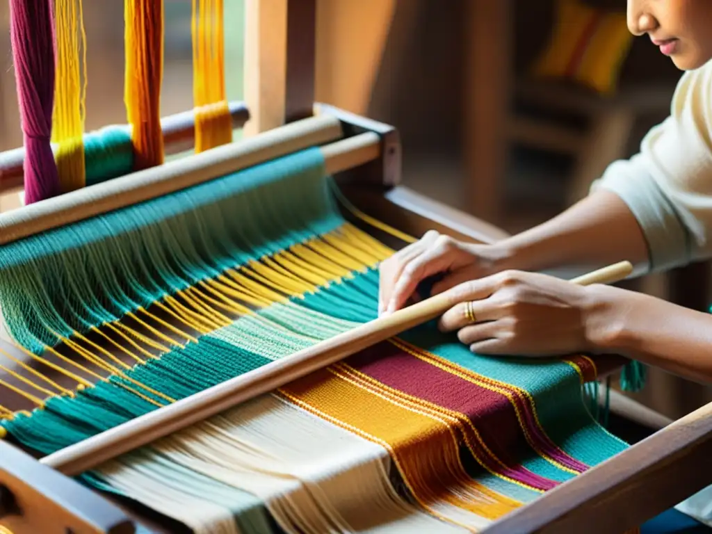 Un artesano teje una colorida tela en un telar de madera rodeado de hilos y textiles