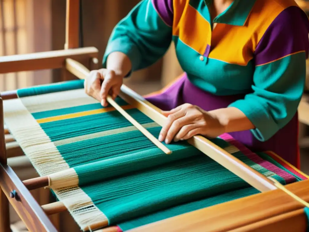 Un artesano teje una colorida tela en un telar de madera, resaltando la artesanía tradicional en turismo digital