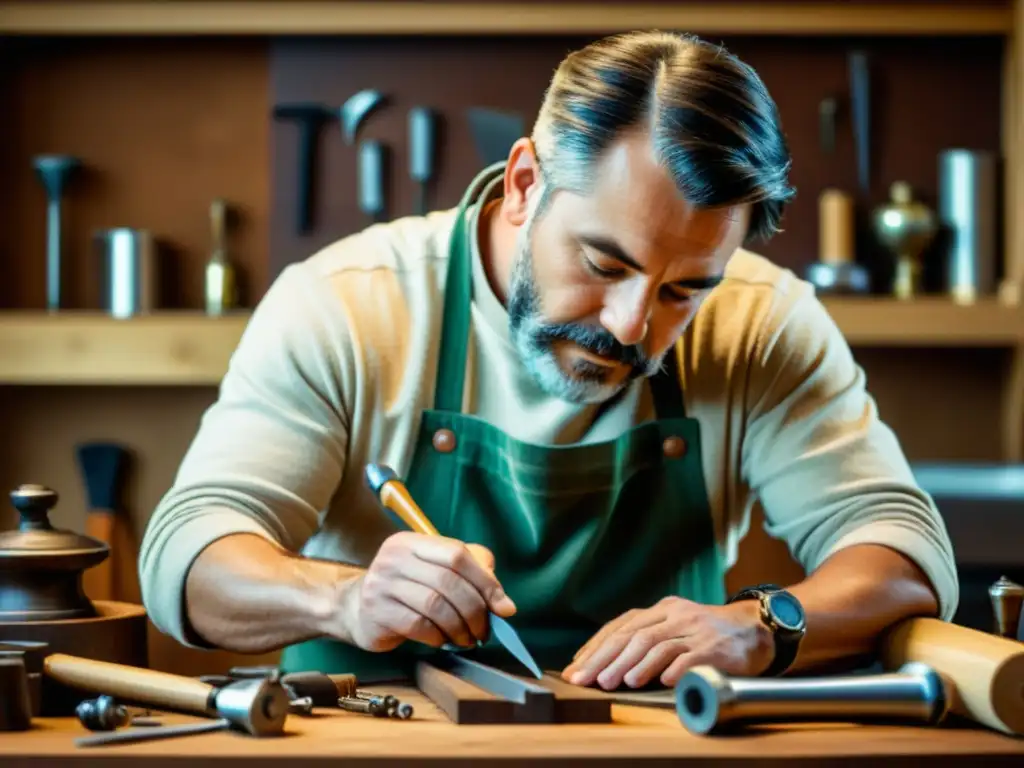 Un artesano crea con concentración una pieza única en un taller vintage, rodeado de herramientas y materiales