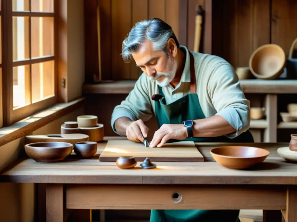 Un artesano organiza sus creaciones en una mesa de madera, iluminado por luz suave