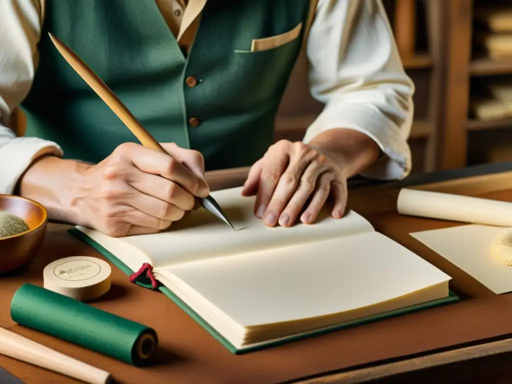 Un artesano cuidadosamente encuadernando un cuaderno, rodeado de herramientas tradicionales