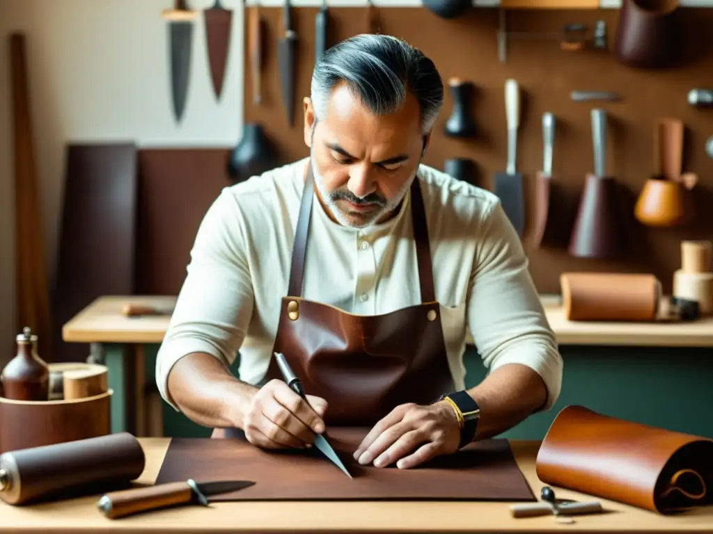 Artesano cortando y cosiendo cuero con herramientas digitales, en un taller cálido y tradicional