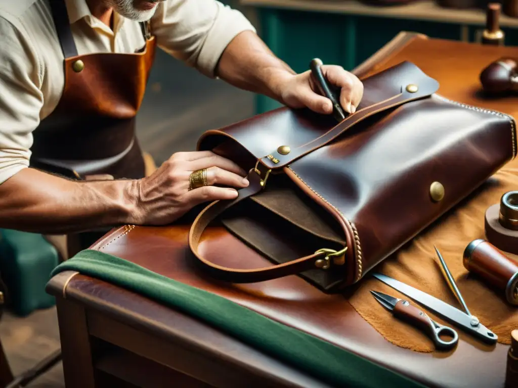 Artesano de cuero crea una obra maestra vintage Artesano de cuero cosiendo a mano en un taller vintage, muestra la transformación digital de la marroquinería artesanal
