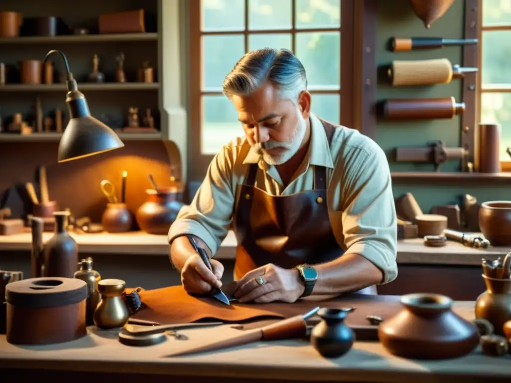 Un artesano de cuero crea productos a mano en un taller vintage, rodeado de herramientas antiguas