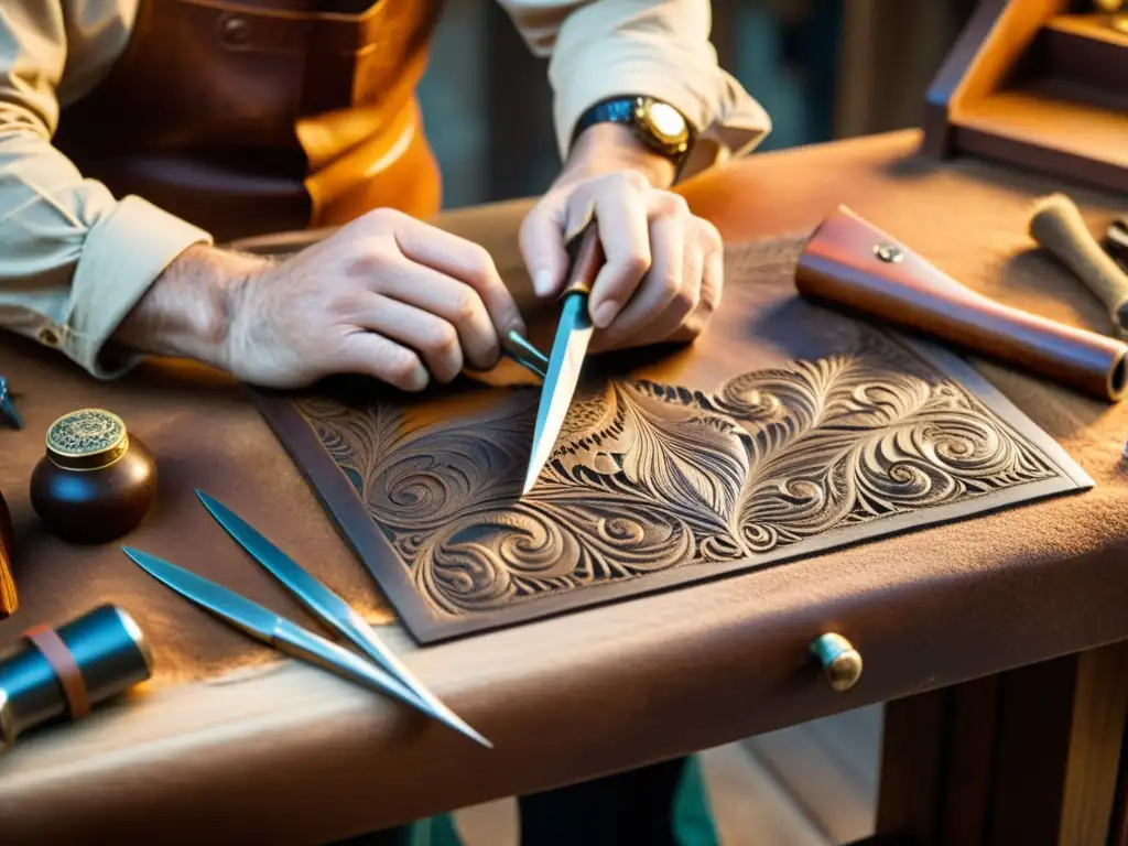 Un artesano trabaja meticulosamente el cuero, rodeado de herramientas vintage, evocando la artesanía tradicional