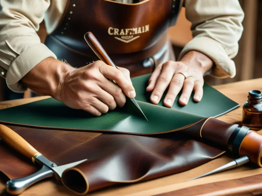 Un artesano trabajando el cuero con técnicas de curtido de cuero artesanal, en un taller rústico y cálido