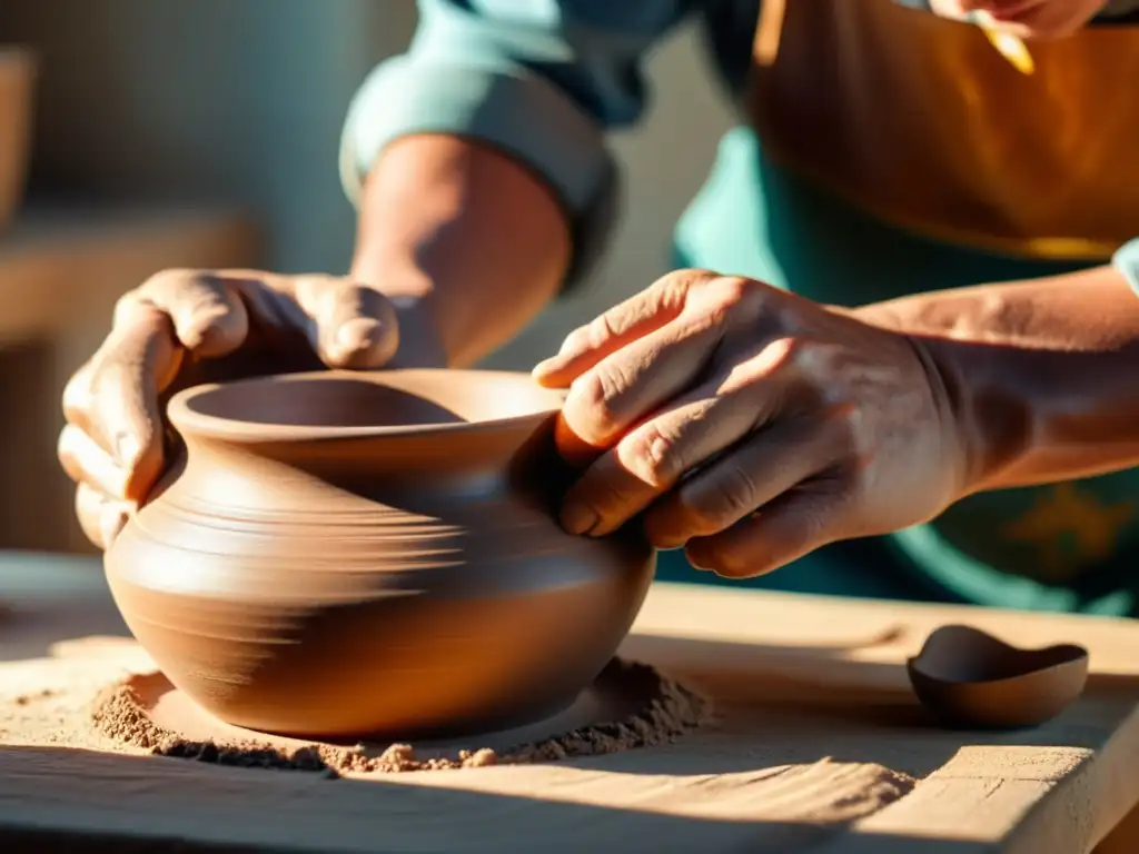 Un artesano moldea con cuidado la arcilla, capturando la esencia de la marca visual artesanía tradicional en una atmósfera cálida y nostálgica