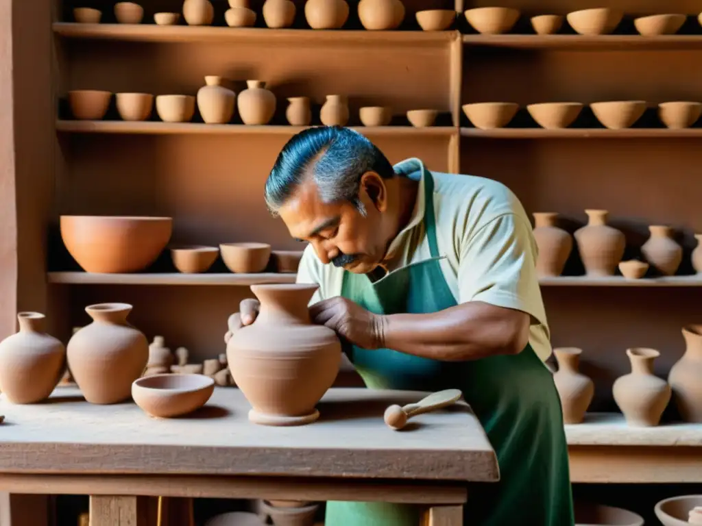 Un artesano moldea con cuidado la arcilla en un taller de alfarería mexicana, capturando la artesanía tradicional mexicana en la era digital