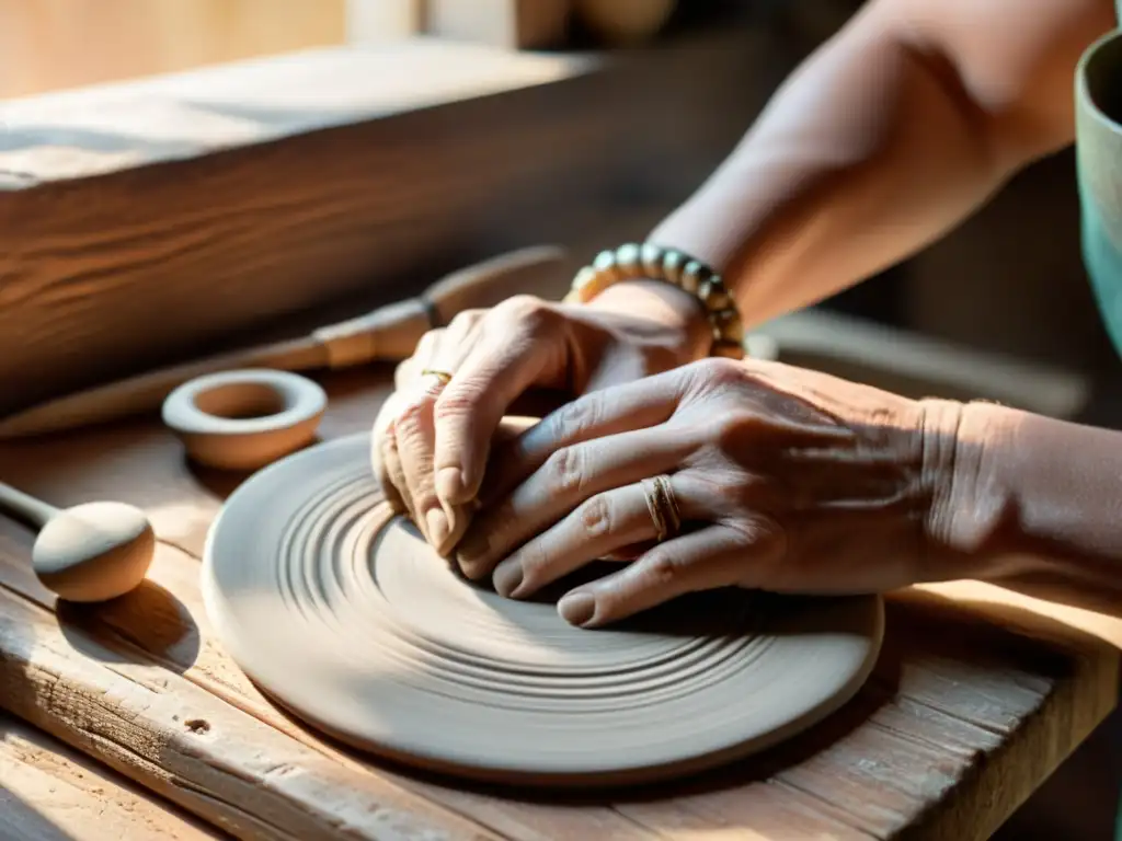 Un artesano modela con cuidado la cerámica en una mesa de madera vintage, iluminado por luz natural