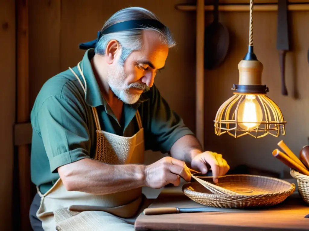 Un artesano teje con cuidado una cesta en su taller rústico, iluminado por una cálida lámpara vintage