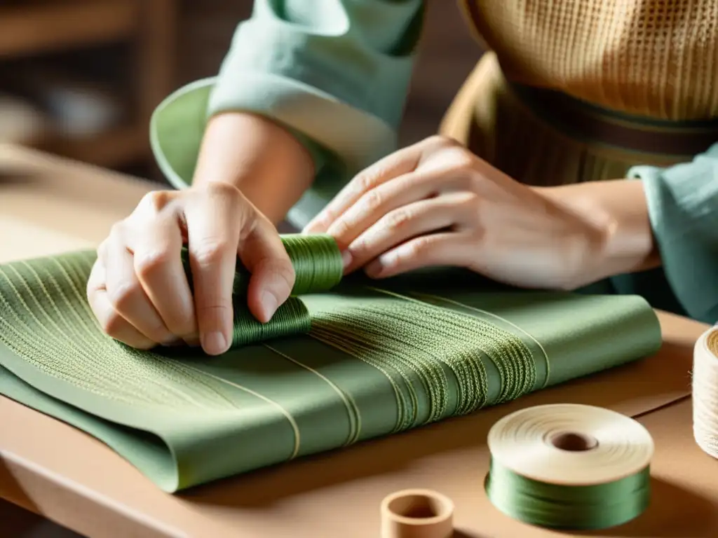 Artesano digital: creatividad sostenible con materiales eco-amigables Un artesano hábil teje con cuidado código digital entre materiales ecológicos, evocando la certificación eco productos artesanales digitales