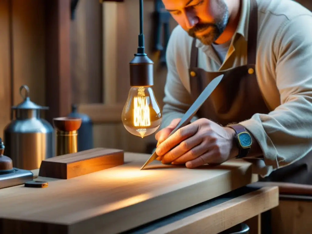 Un artesano moldea con cuidado una delicada lámpara LED de estilo vintage en su taller, iluminado por una cálido y nostálgico resplandor