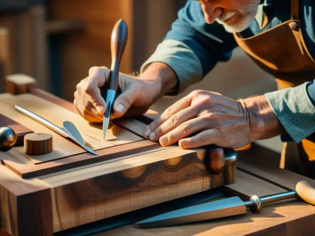 Un artesano tallando con cuidado una escultura de madera, resaltando la artesanía y el diseño sustentable