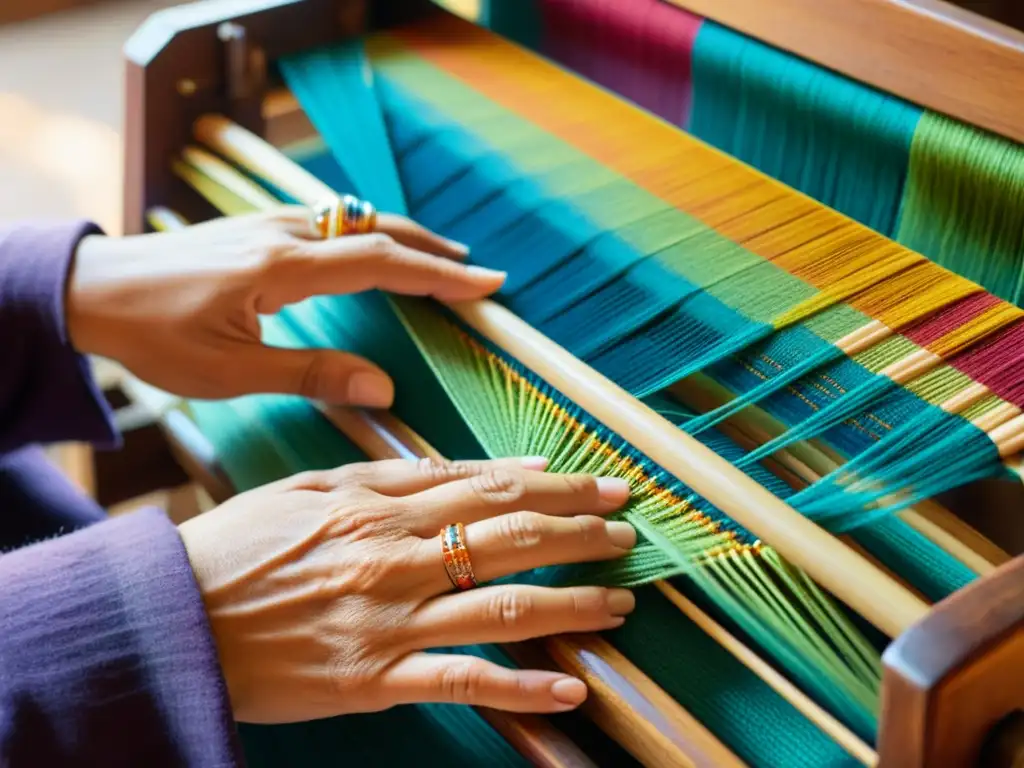 Un artesano teje con cuidado fibras sostenibles en un telar de madera vintage, destacando certificación ecológica y artesanía tradicional
