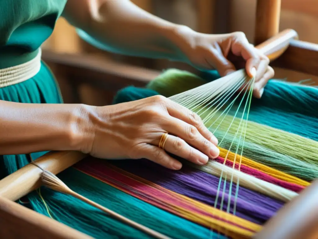 Un artesano hábil teje con cuidado fibras sostenibles, bañado por luz natural