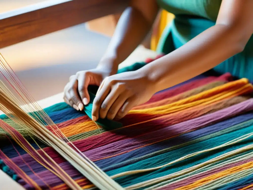 Un artesano teje con cuidado hilos de colores en un telar de madera, en una escena llena de tradición y artesanía colaborativa