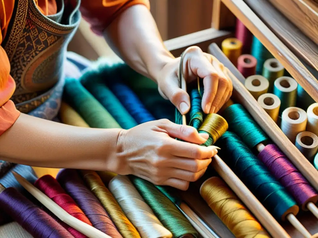 Un artesano tejiendo con cuidado hilos coloridos en una hermosa tapestería, rodeado de herramientas de madera y carretes de hilo